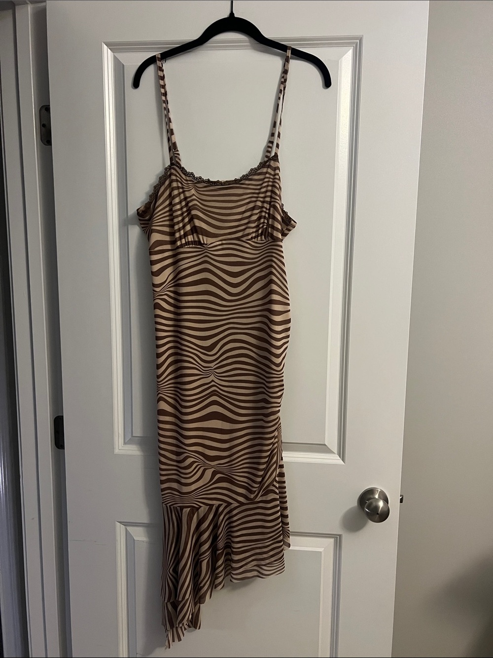 wild fable Brown and Tan Wave-Print Asymmetrical Slip Dress with Ruffle Hem